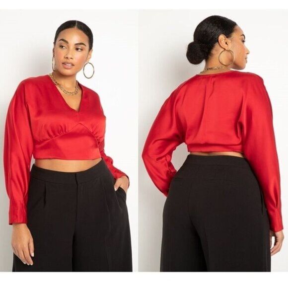 Eloquii Plus Size Women's Red‎ Satin Balloon Sleeve Blouse - Picture 1 of 3